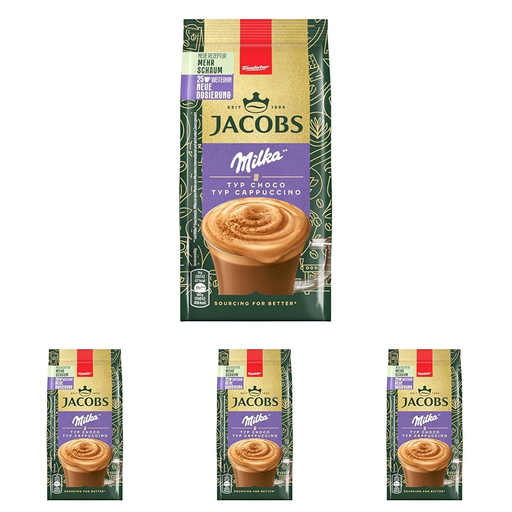 Jacobs Typ Cappuccino Choco Milka, Getränkepulver mit löslichem Bohnenkaffee, Instant Kaffee, für 25 Getränke, 400 g (Packung mit 4)