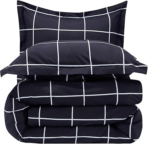 Miniatura 5 de Sleep Zone Funda de edredón con estampado de cuadrícula tamaño queen con cierre de cremallera y 8 lazos en las esquinas, juego de funda de edredón