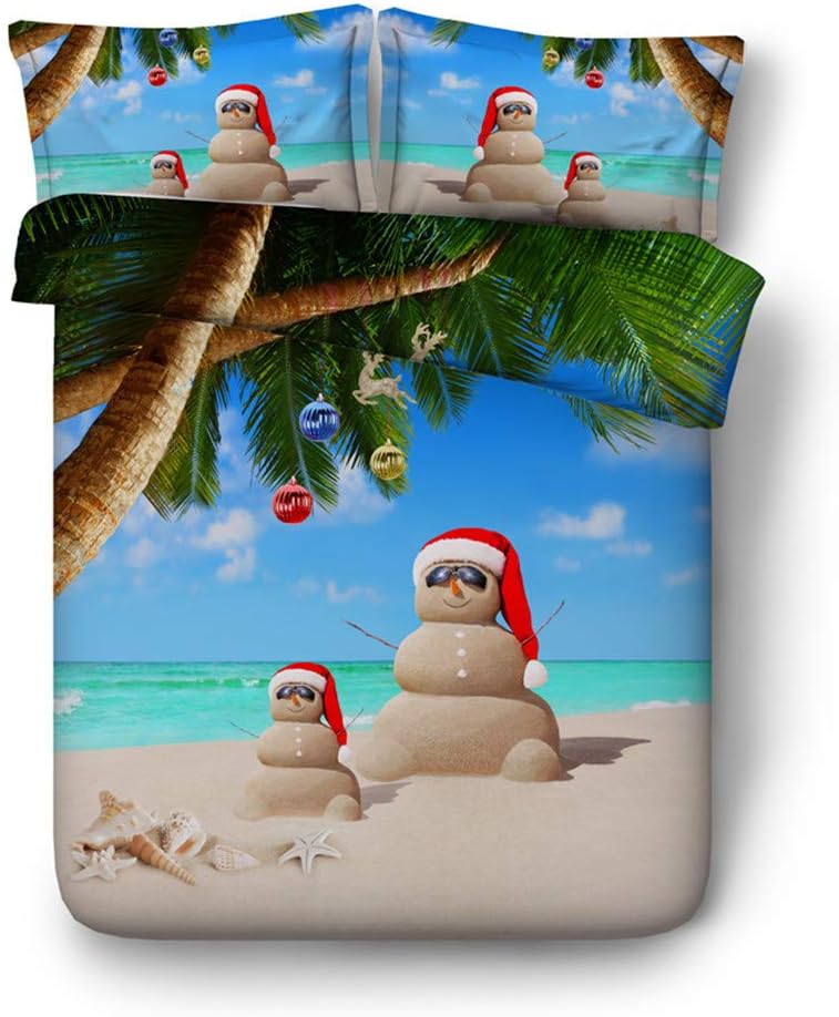 EsyDream Christmas Little Sand People Enjoy Sea Beach Holiday Print Kids Duvet Cover Sets Twin Queen King Sea Beach Palm Tree Christmas Sand People Child Bedding(Super King Size 3pc)