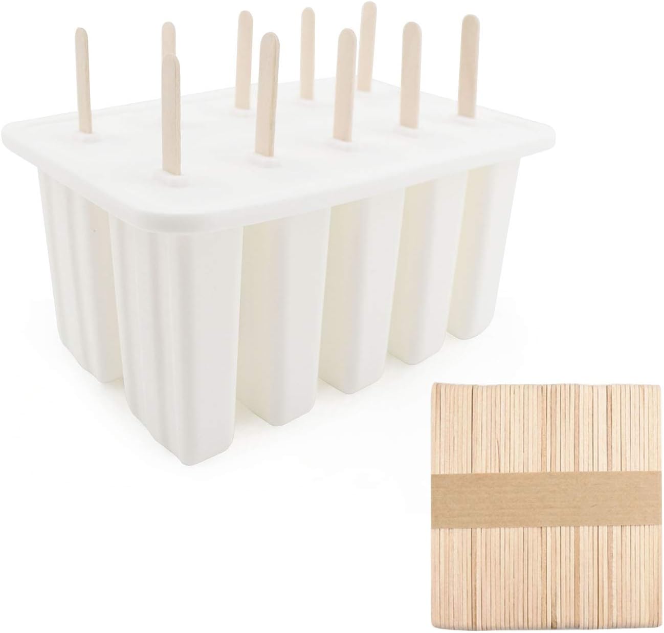 Chokxus Ice Popsicle Mold Ice Cream Mold Silicone for Ice Pop Bar Handmade Frozen Yogurt, DIY Ice Sucker Tray with 50 Wooden Sticks (10 Capacity)