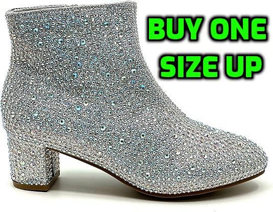 Forever Girls Rhinestone Boots Kids Low Heel Dress Booties Iceberg-12K Shoes Silver Rhinestone 12