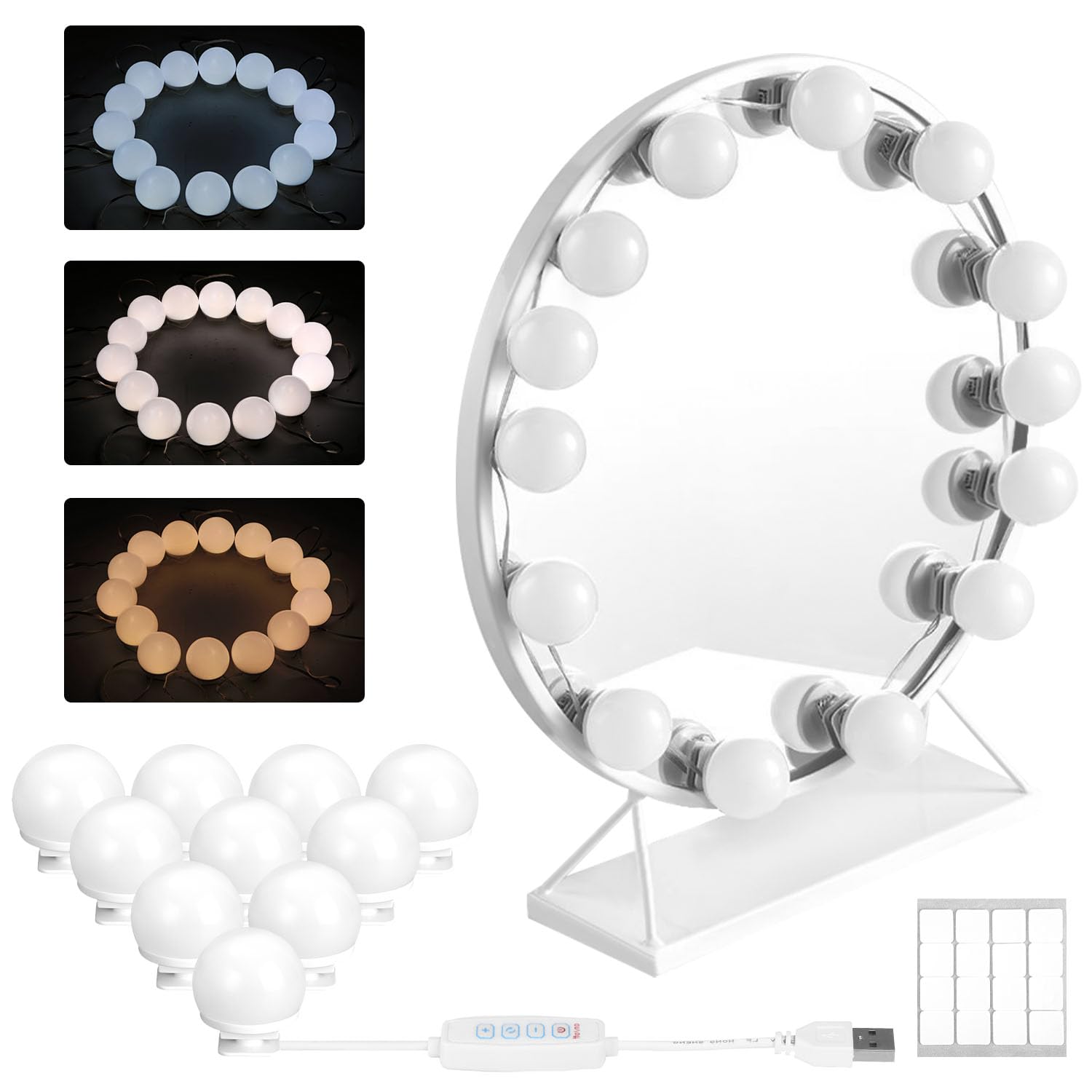 PERMUST 10 luces LED para espejo con 3 colores, lámpara de tocador, lámpara de maquillaje, estilo Hollywood, regulable, para espejo de maquillaje, espejo de baño, espejo