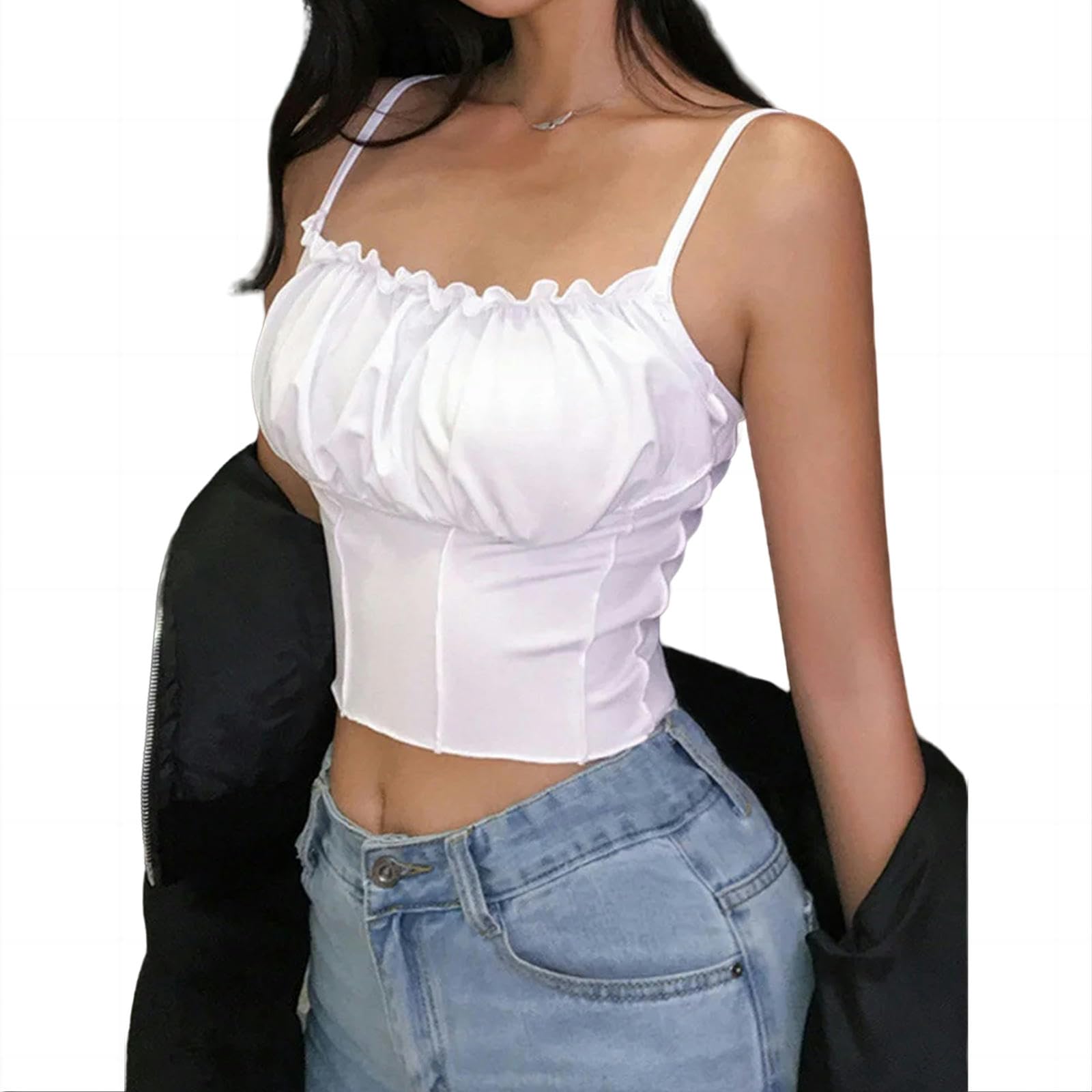 Camiseta sin Mangas Mujer Summer Women Ruffles Camiseta De Tanque Damas Sin Tiras Sin Tirantes Camisole De Topes Delgados Ruched Slim