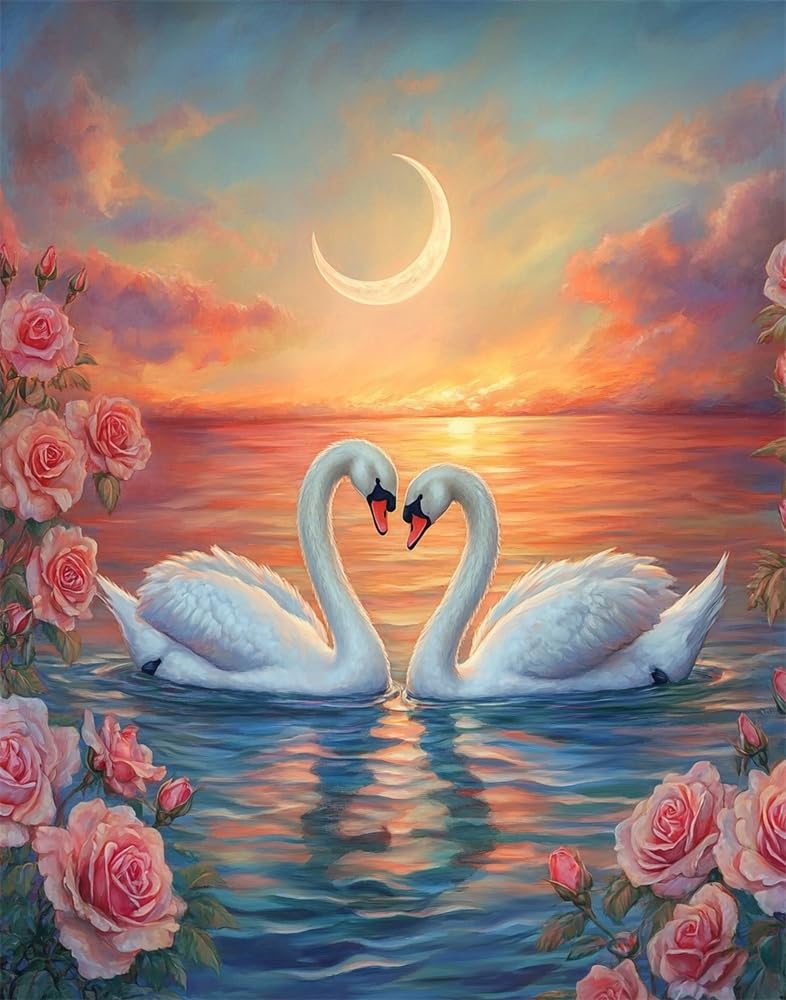 Henypt Cross Stitch Kits for Adults Pre Printed, Two White Swans DIY 11Ct Embroidery Sewing Starter Kit Stamped Needlework Easy Beginners (Stamped Home)