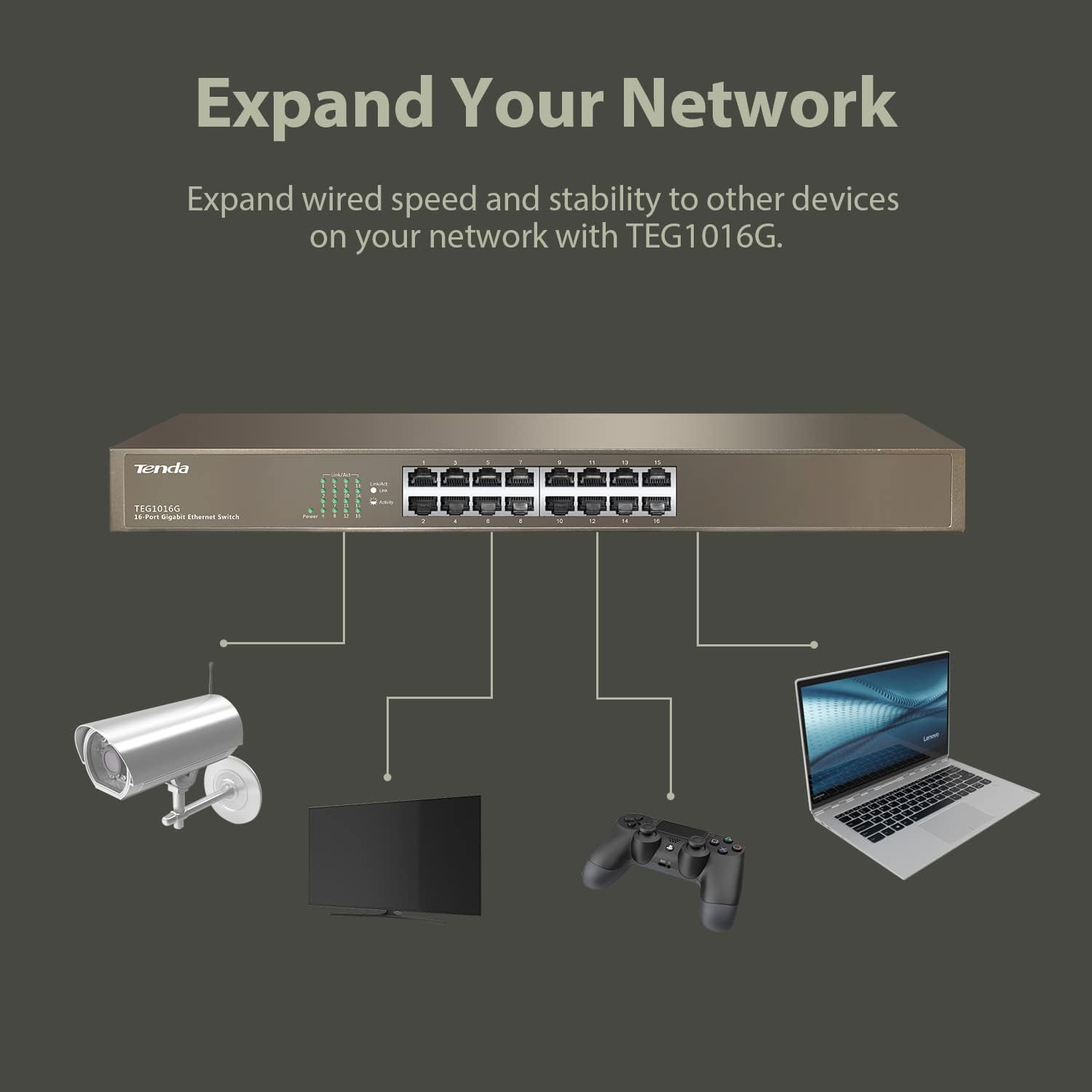 Tenda TEG1016G, 16 Port Gigabit Switch, Unmanaged Rackmount Ethernet Switch with Traffic Optimization, Plug & Play, Fanless Quiet & Metal Design Network Switch, Limited Lifetime Protection