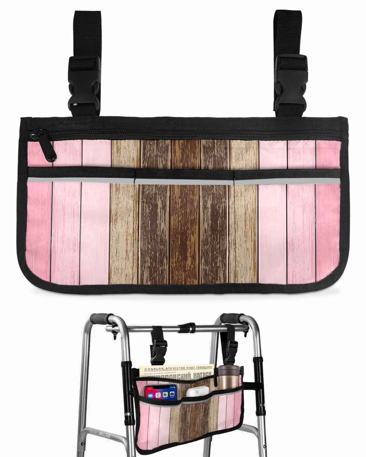 Anzona Brown Pink Wood Wheelchair Side Bag Walker Bag, Modern Vintage Wooden Texture Wheelchair Accessories Armrest Pouch, Organizer Storage Bag for Walkers, Rollators, Scooters, 7.3''x13''
