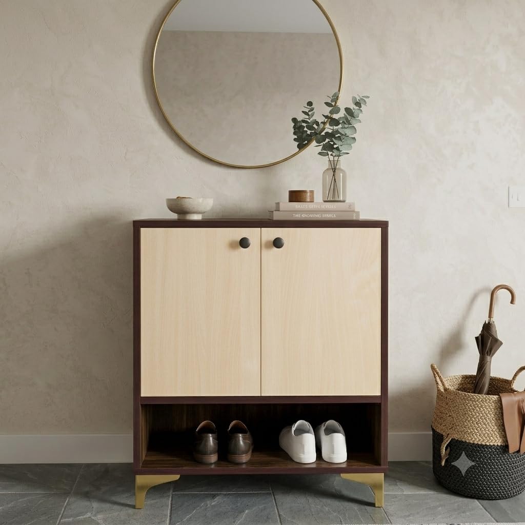 WUDISM Modern Dual Tone Wooden Shoe Rack Cabinet with Doors for 10 Pairs Shoe Storage | Elegant & Modern Design for Living Room, Bedroom, Hallway | White Brown-image-6