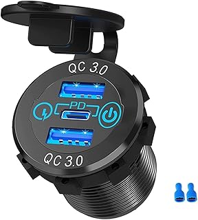 SPAKAMTZTK 1 2V / 24V Triple Aluminio Metal 6 0W USB-C Socket de Cargador de Coche múltiple Pd3.0 & Dos QC30 Puertos for Interruptor táctil Adaptador de Coche rápido Encendedor(BLU)