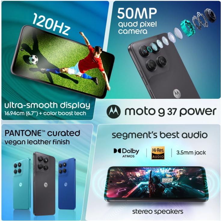 Image of Motorola Moto g37 Power 5G (Pantone Nautical Blue, 4GB RAM, 64GB Storage) | 6.67-inch HD+ 120Hz Display | Dimensity 6400 | 50MP Camera | 7000mAh Battery | 30W Charging