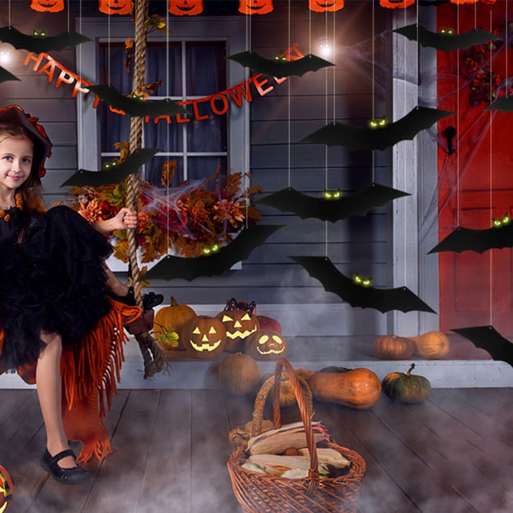 16Pcs Hanging Bats Halloween Decoration Outdoor, Large Flying Plastic Halloween Bats Decor Outside with Glowing Eyes, Halloween Hanging Bats Decorations for Wall, Tree, Front Porch, Lawn, Indoor