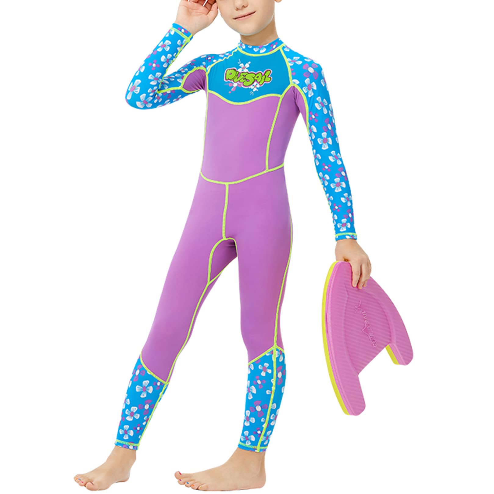 Rash Guard for Girls Full Body Swimsuit UV Protection Floral Long Sleeve Swimwear Quick Dry Bathing Suit Purple Size L