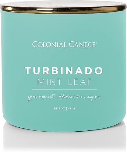 Colonial Candle Turbinado - Vela perfumada en tarro con aroma a hoja de menta, colección Pop of Color, 3 mechas, azul, 14.5 onzas, hasta 60 horas de
