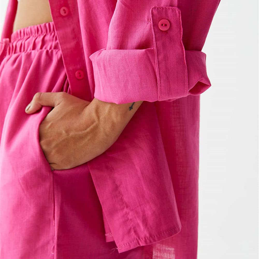 Camiseta Manga Corta Mujer, Camisetas De Mujer, Pantalones Cortos, Conjuntos De 2 Piezas, Trajes, Rosa, Rojo, Solapa Sólida, Camisa Con Botones, Atuendo De Verano, Mangas Largas Plegables, Bolsillo