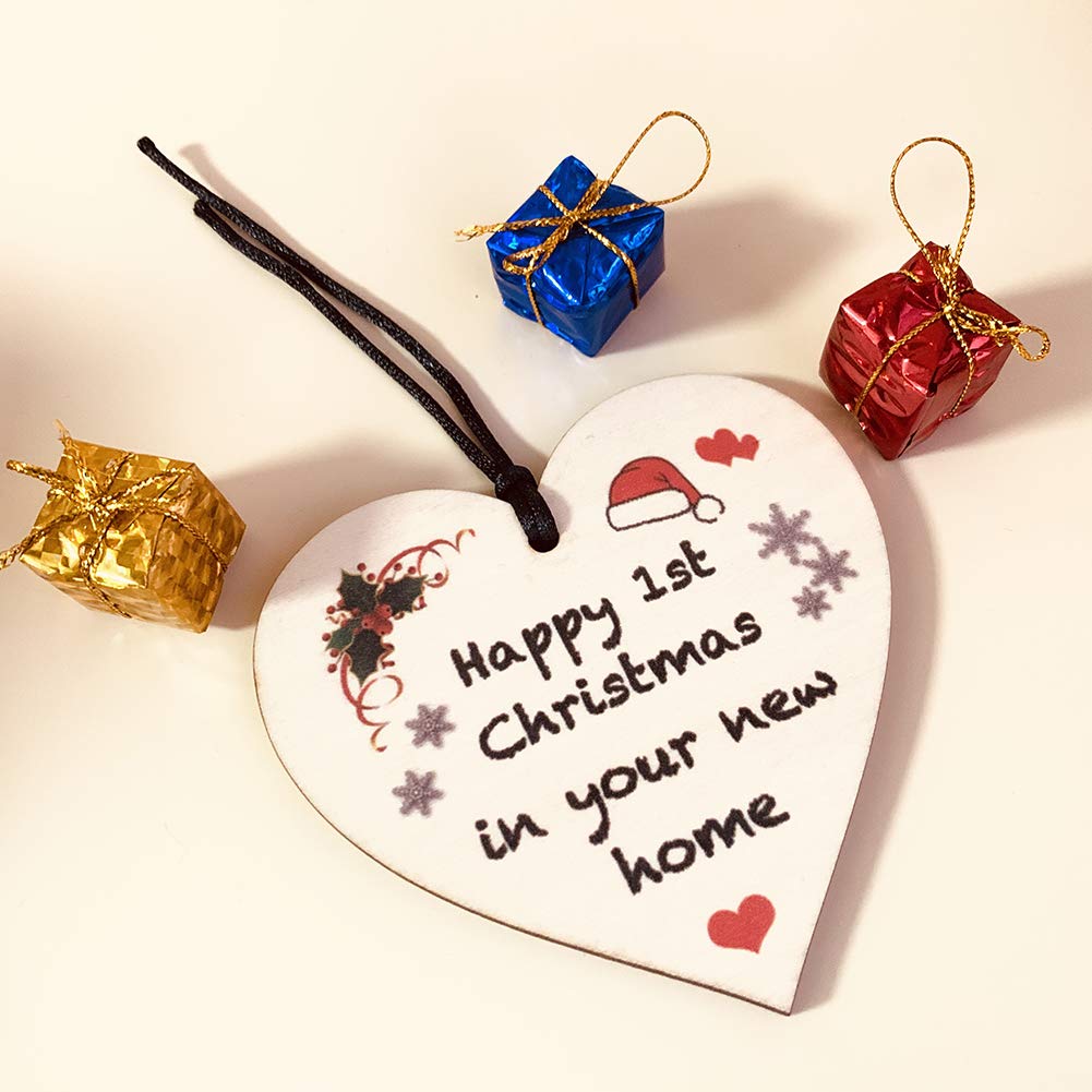 HONZEE Happy 1st Christmas in New Home Heart Plaque, Rustic Wooden Christmas Ornament, Housewarming Gift for Friends - Image 4