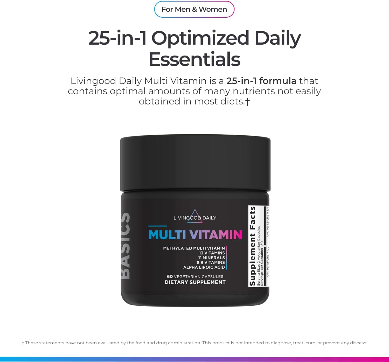Livingood Daily Methylated Multivitamin for Women and Men, Multi Vitamin Supplement with Alpha Lipoic Acid, B Vitamins, Iron, Zinc and Selenium, Energy, Metabolism and Immune Support, 60 Capsules - Image 3