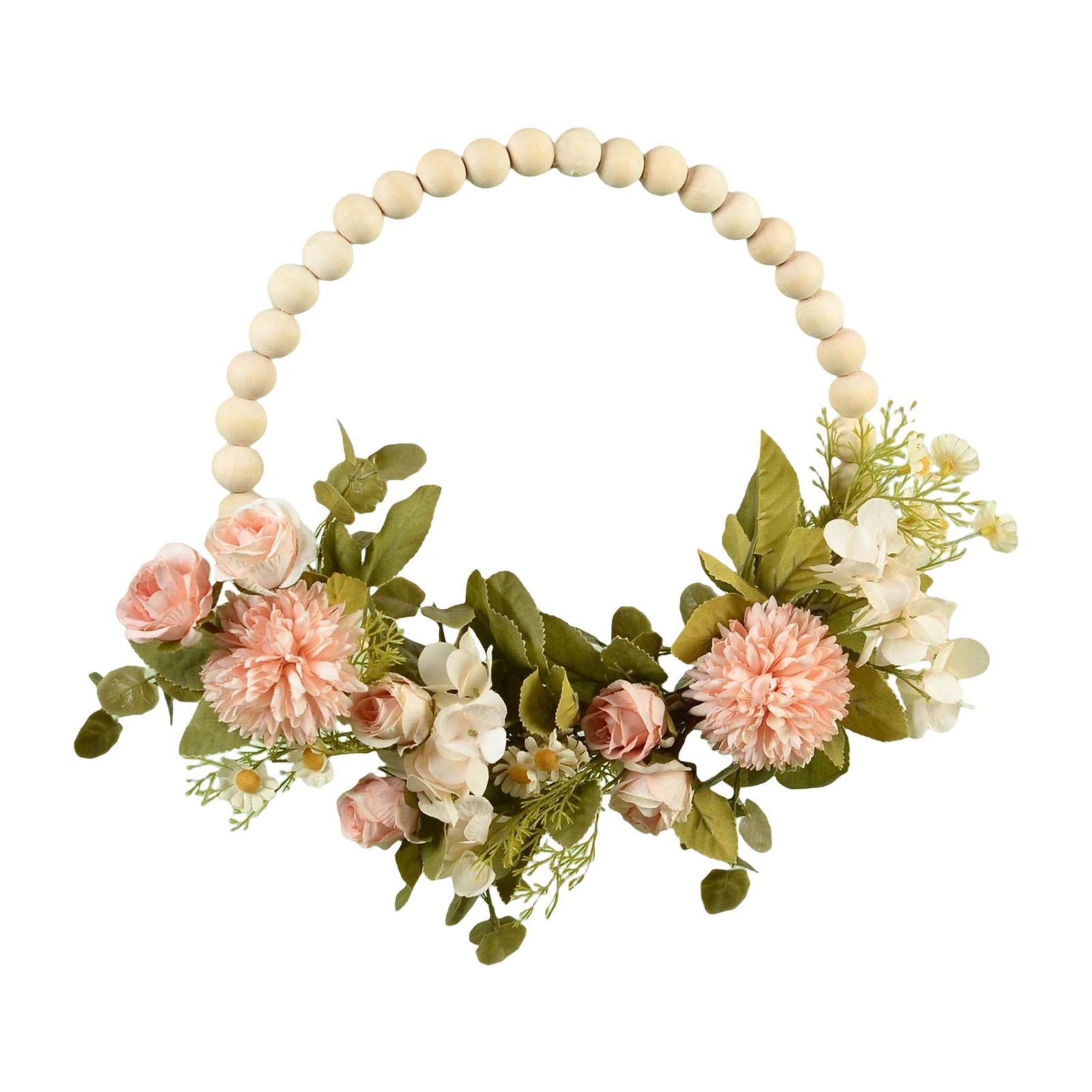 Künstlicher Blumenkranz, Türgirlande, Dekoration mit Perlen, Holz Und Grünem Laub, Geeignet für Die Dekoration von Schlafzimmern, Esszimmern Und Türen, ROSA