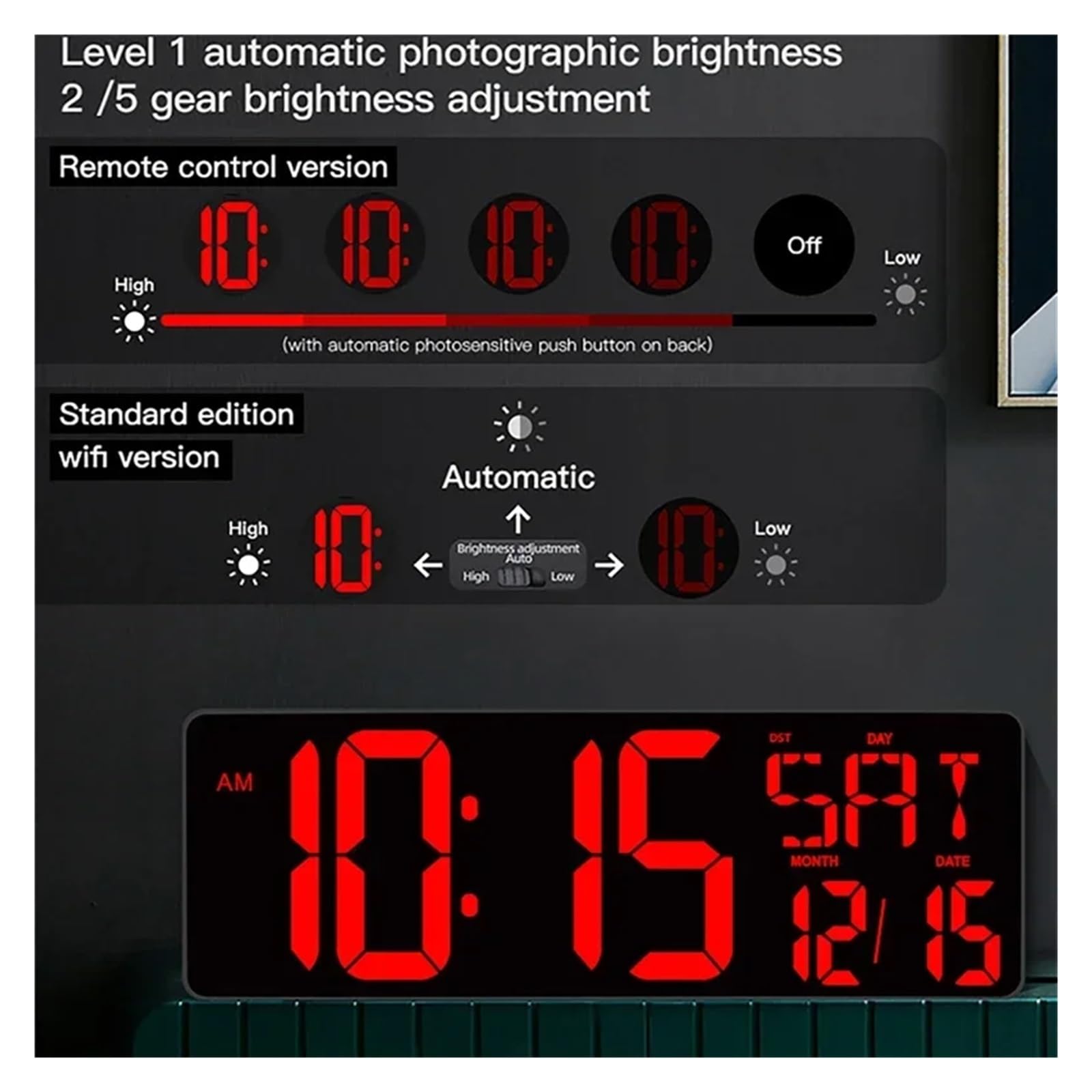42 cm duży ekran LED cyfrowy zegar z wiecznym kalendarzem, jaość regulowana temperatura wyświetlacz daty tydzień budzik z RE(Red Black)