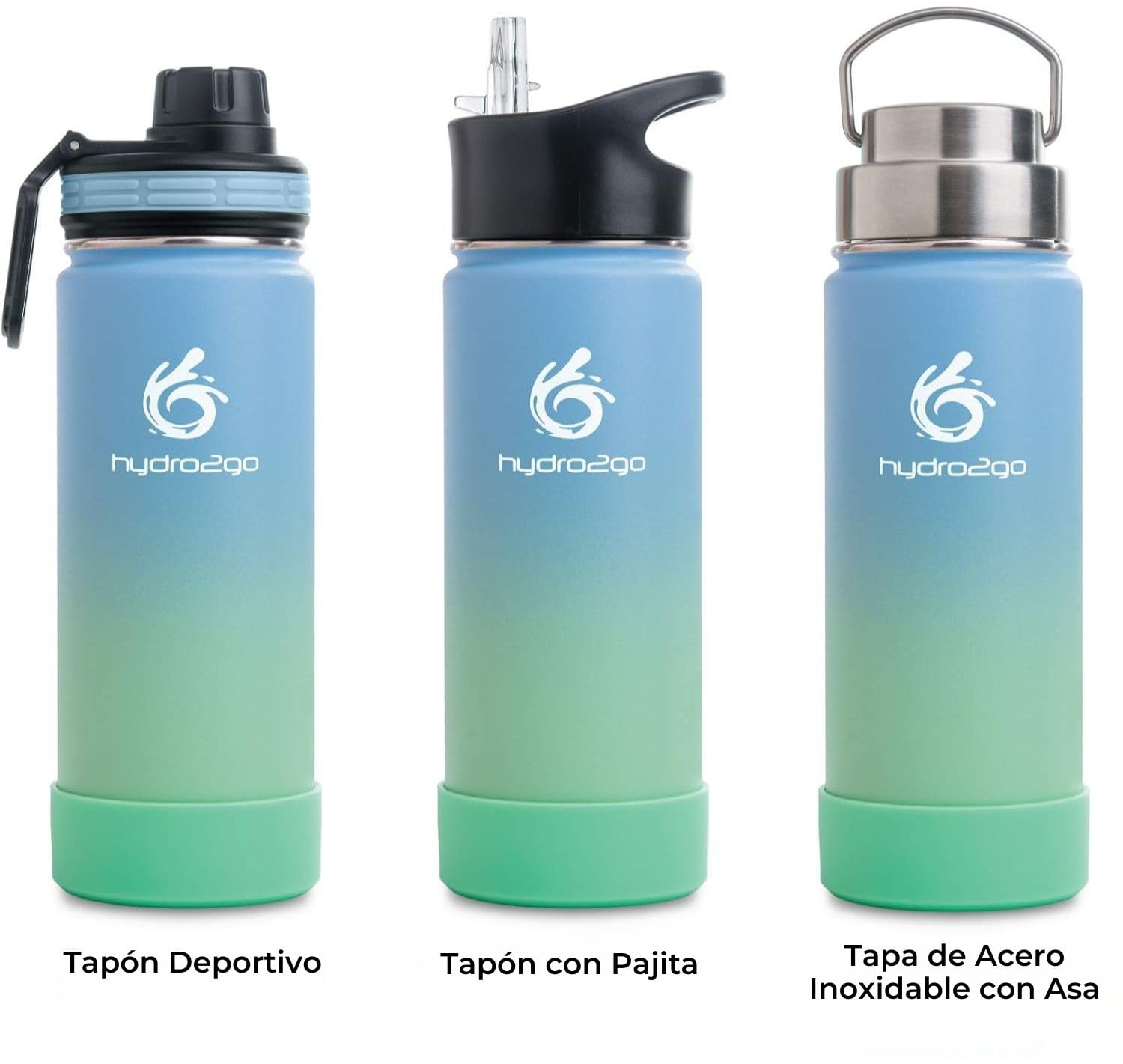 hydro2go Botella Térmica Inox 530ml – botella de agua con pajita – Sin BPA, 12h caliente & 24h fría, ideal escuela/deporte/exterior, 3 tapas (Lagoon)