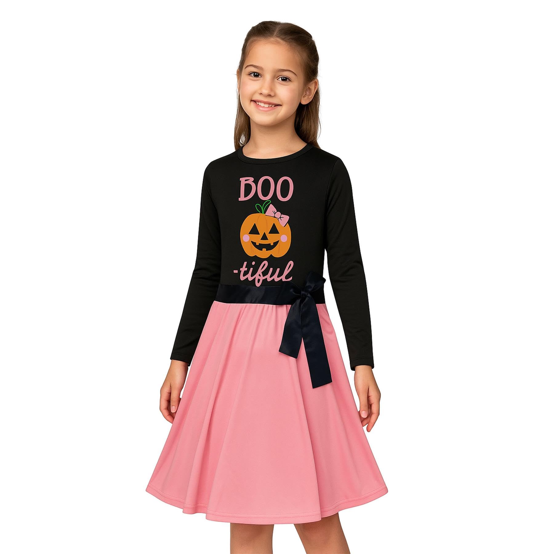 A2z 4 Kids Girls Black Skater Dress Long Sleeves Panelled Pumpkin Print - Skater Dress 659 ._7-8