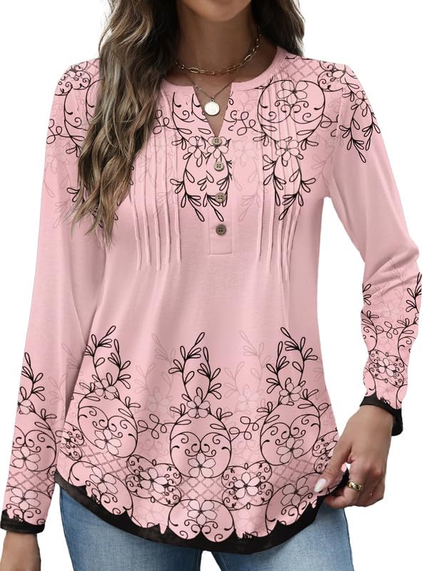 Women V Neck Long Sleeve Tops Fall Pleated Tunic Shirts Dressy Casual Loose Business Work Blouses