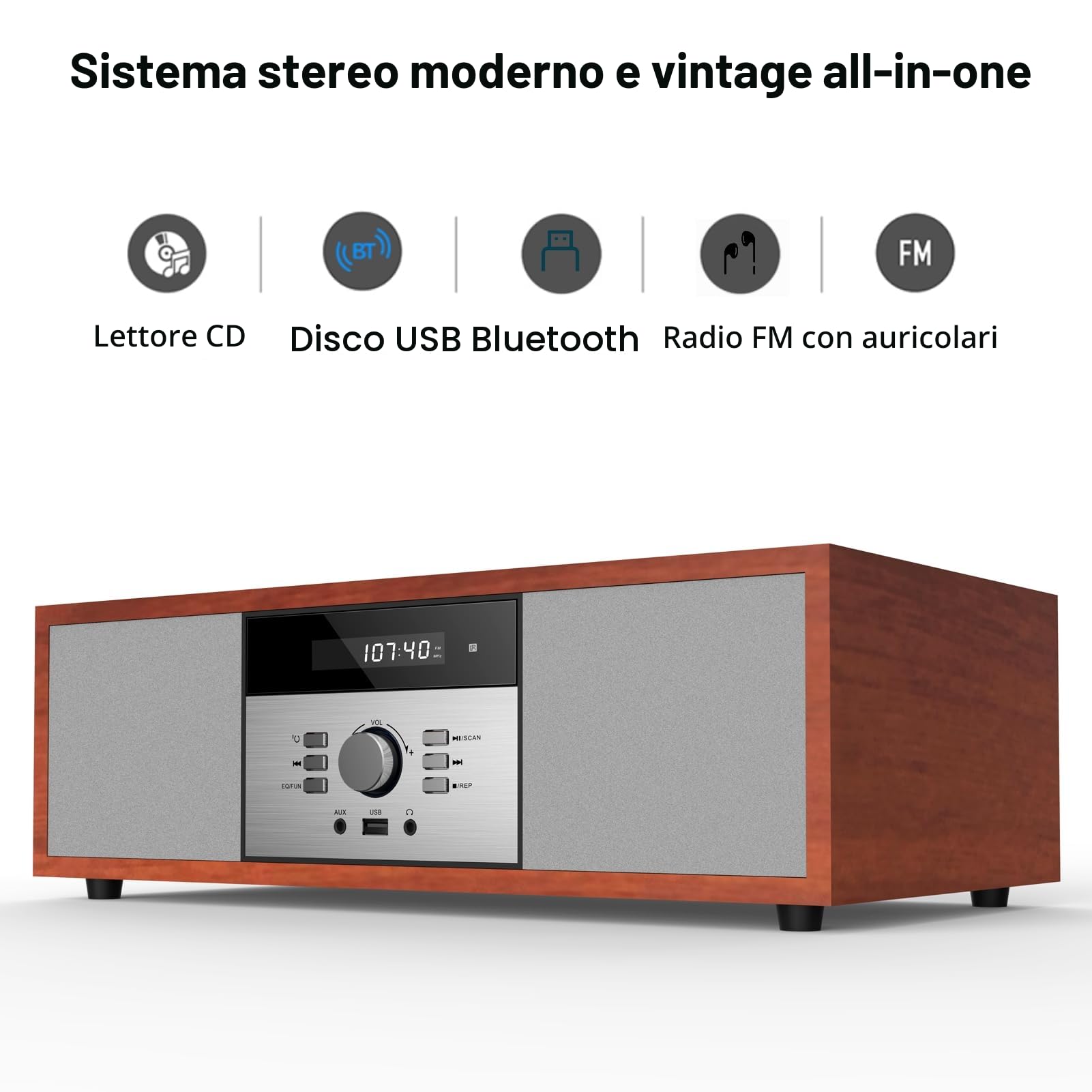 WISCENT Vintage Bluetooth Micro HiFi Systems - Impianto stereo per casa, lettore CD, con streaming audio Bluetooth, radio FM, porta USB, Aux-in, jack per cuffie