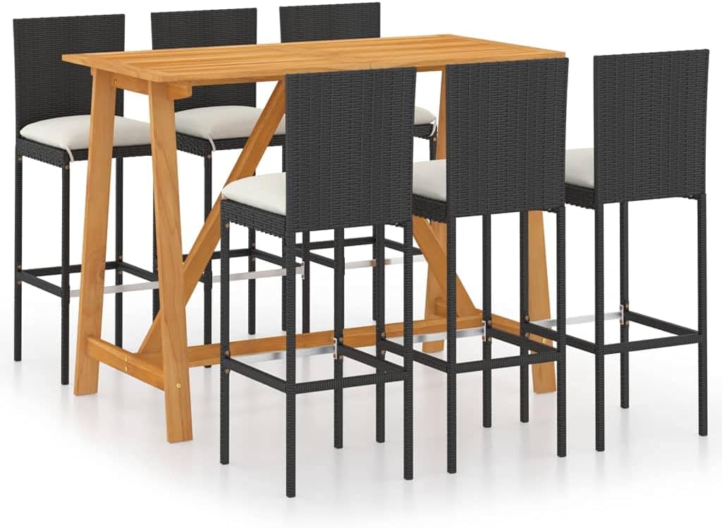 vidaXL 7 Piece Garden Bar Set with Cushions Black Seating for 6 Made of Solid Acacia Wood and PE Rattan Durable Outdoor Dining Furniture Al Fresco Patio Chairs Chair Table Balcony Weather Resistant