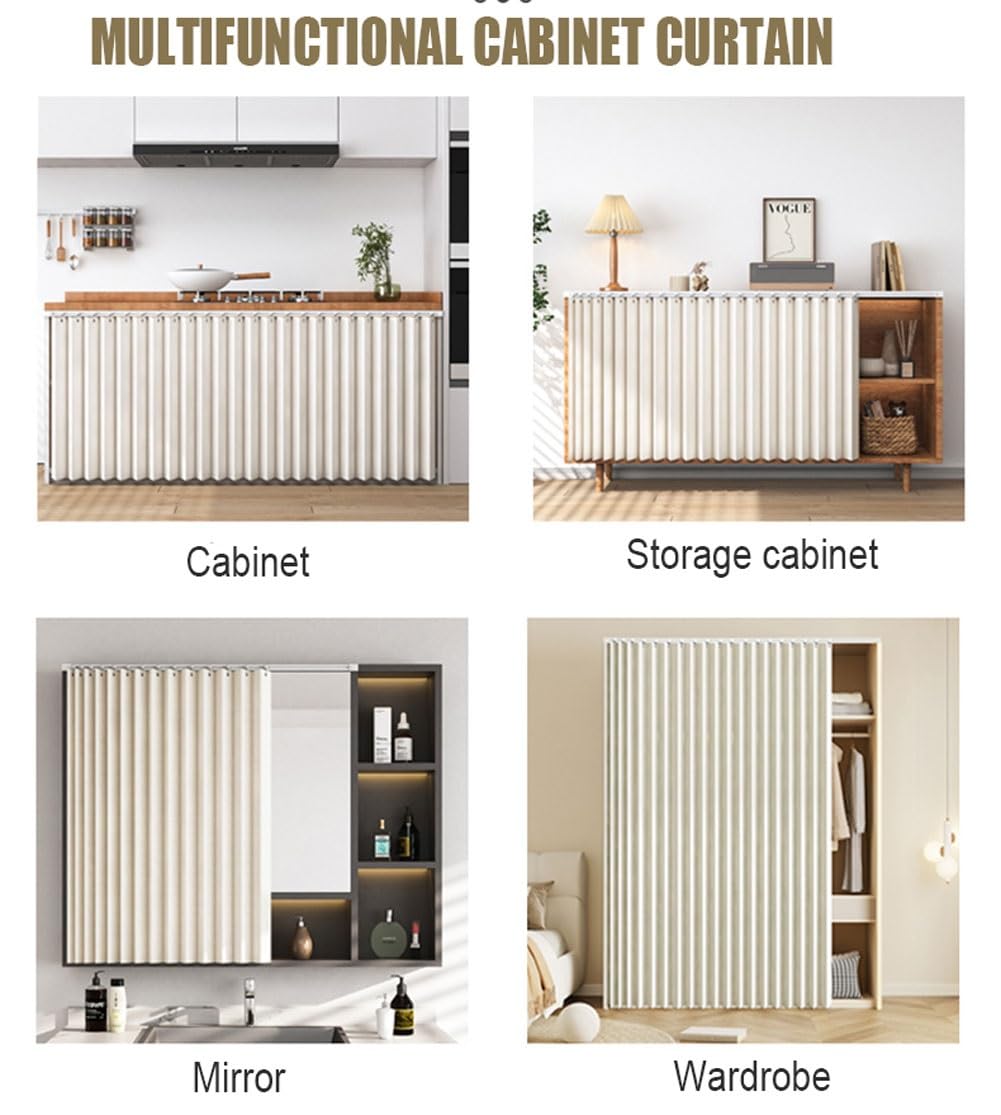 Schrankvorhang für Küche, Staubdichter Vorhang für Offenes Regal, Regal Vorhang mit Gleitschiene, Schrank Vorhang zum Schieben - Selbstklebend, Wasserdicht, Anpassbar(Weiß,Cabinet W150xH200cm)