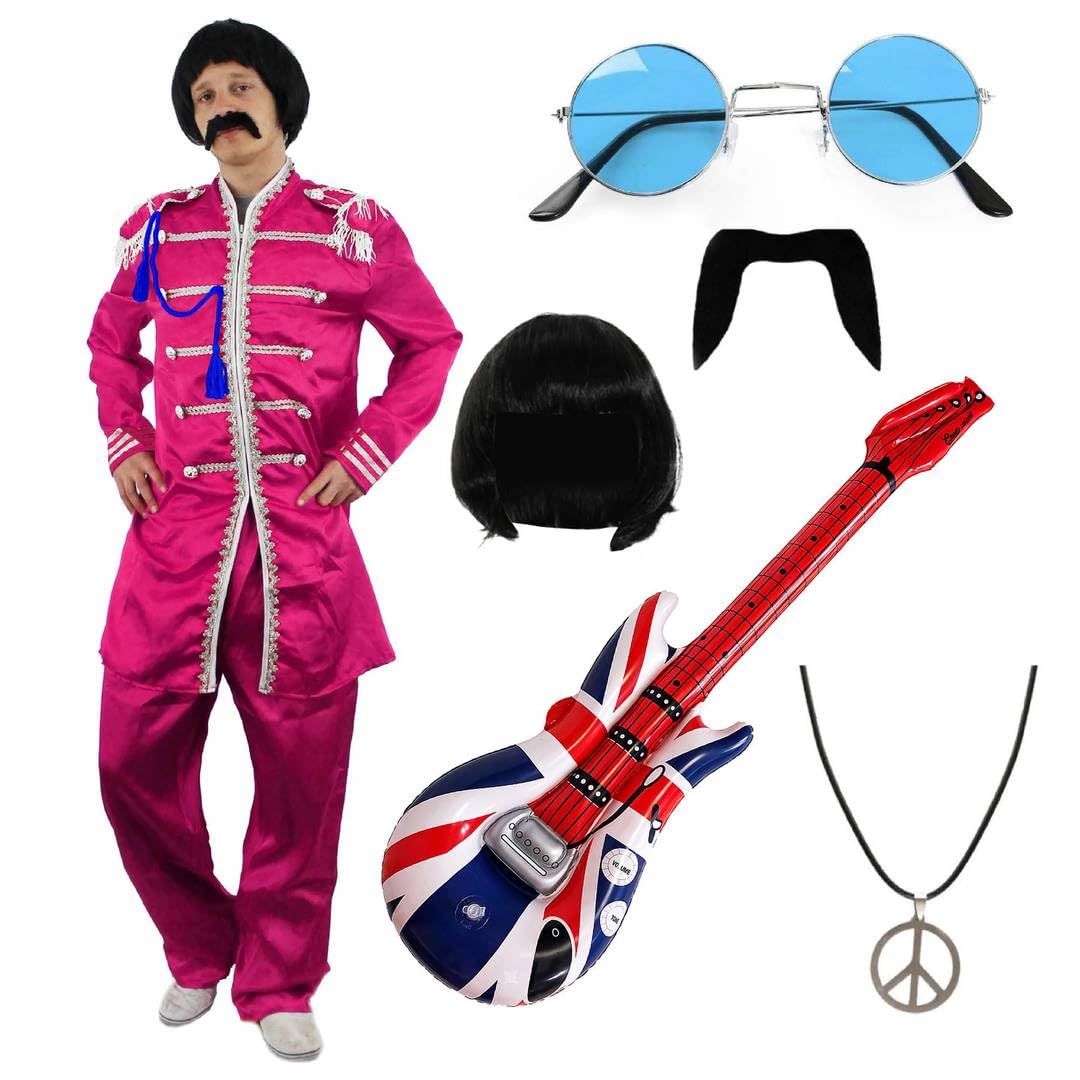 Conjunto de disfraz de banda rosa de los años 60, incluye chaqueta, guitarra de la bandera británica, peluca, gafas, bigote y collar de la paz