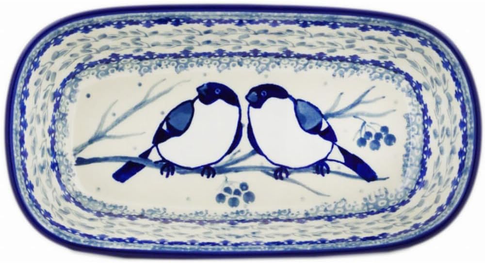 Polmedia Polish Pottery Mini loaf pan UNIKAT - Waiting Birds Pattern Handmade in Boleslawiec Poland by Ceramika Artystyczna + Certificate of Authenticity