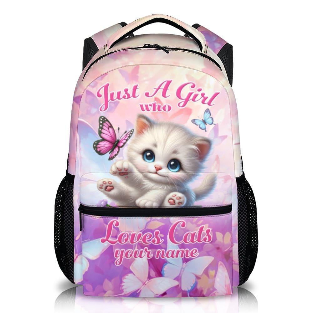 Girls Backpack, Personalized Cat Backpack for Kids School Toddler, Primary, Kindergarten, Senior, Middle, Custom Pink Cat Bookbag Gift, Durable