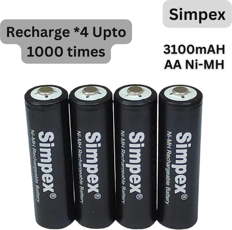 Image of Simpexs 3100mAh High Power Ni-MH 1.2V AA Ready to Use Rechargeable Battery with Quick Charging and Low Self Discharge, Can Charge up to 1000 Times (Pack of 4)