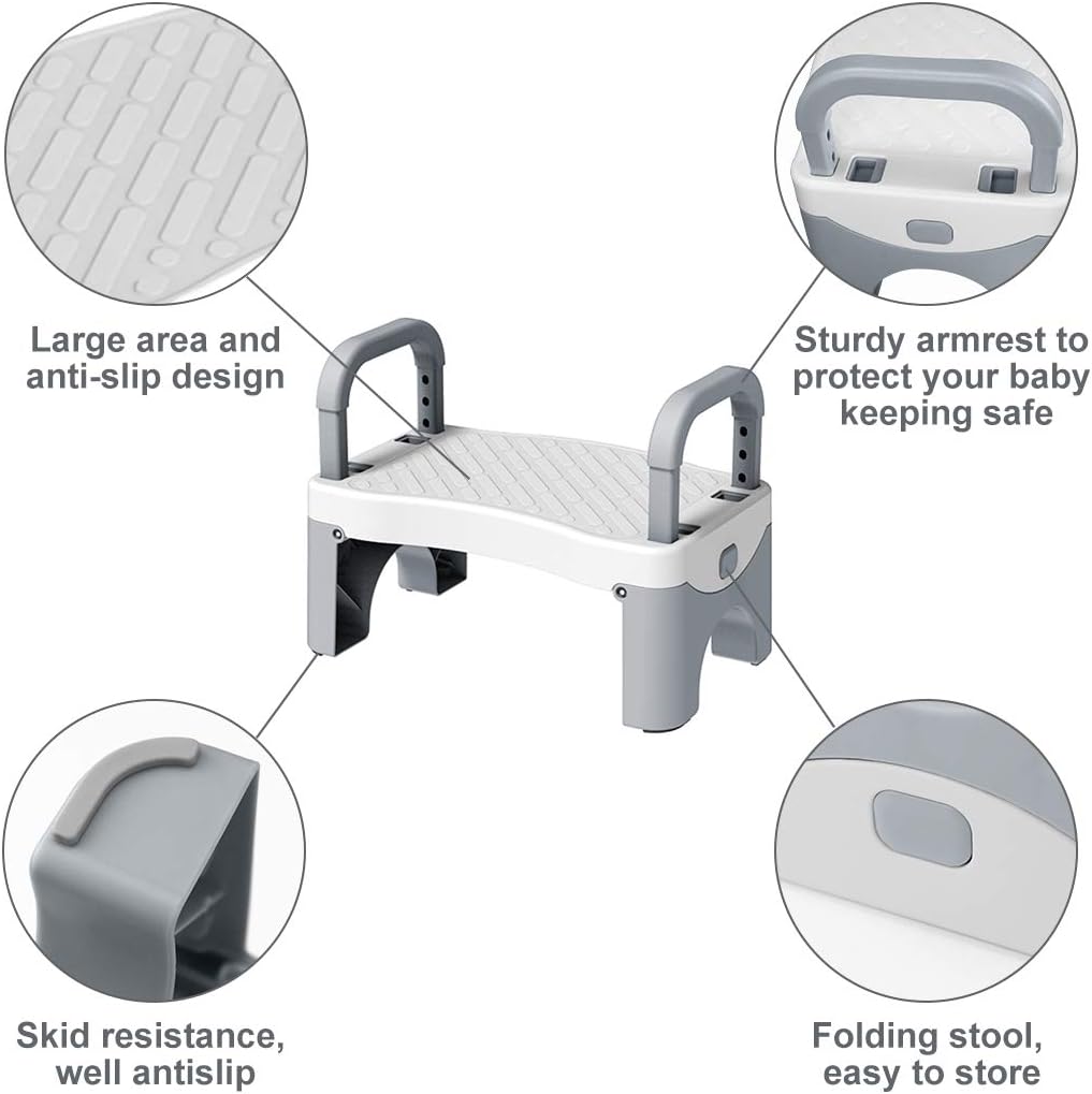 Folding Step Stool for Kids, Coindivi Toddler Step Stools with Handle, Non-Slip Rubber, Plastic Kids Child Step Stool for Bathroom, Sink, Toilet, Kitchen, Girl & Boy, Gray