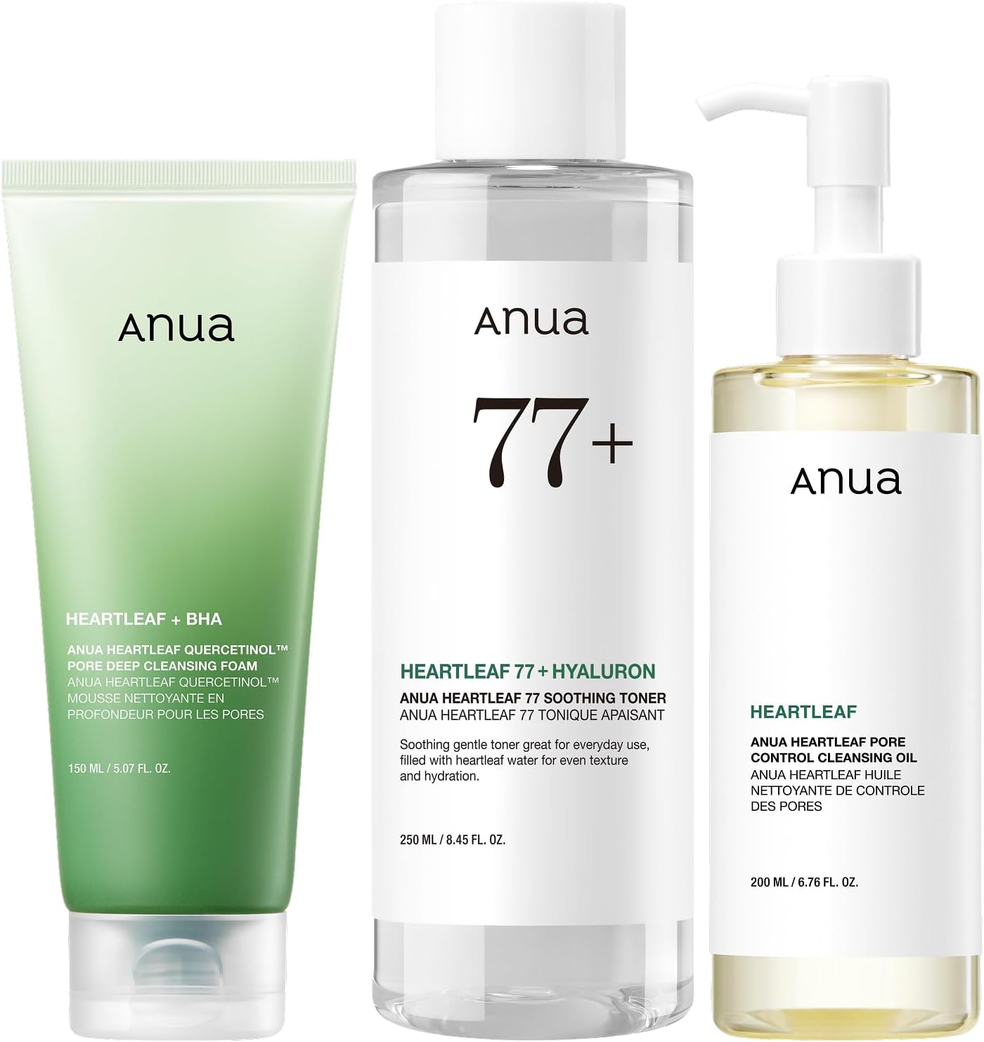Heartleaf Trio: Pore Control Cleansing Oil & Quercetinol Pore Deep Cleansing Foam & 77 Soothing Toner, Double Cleansing, Gentle Korean Skincare