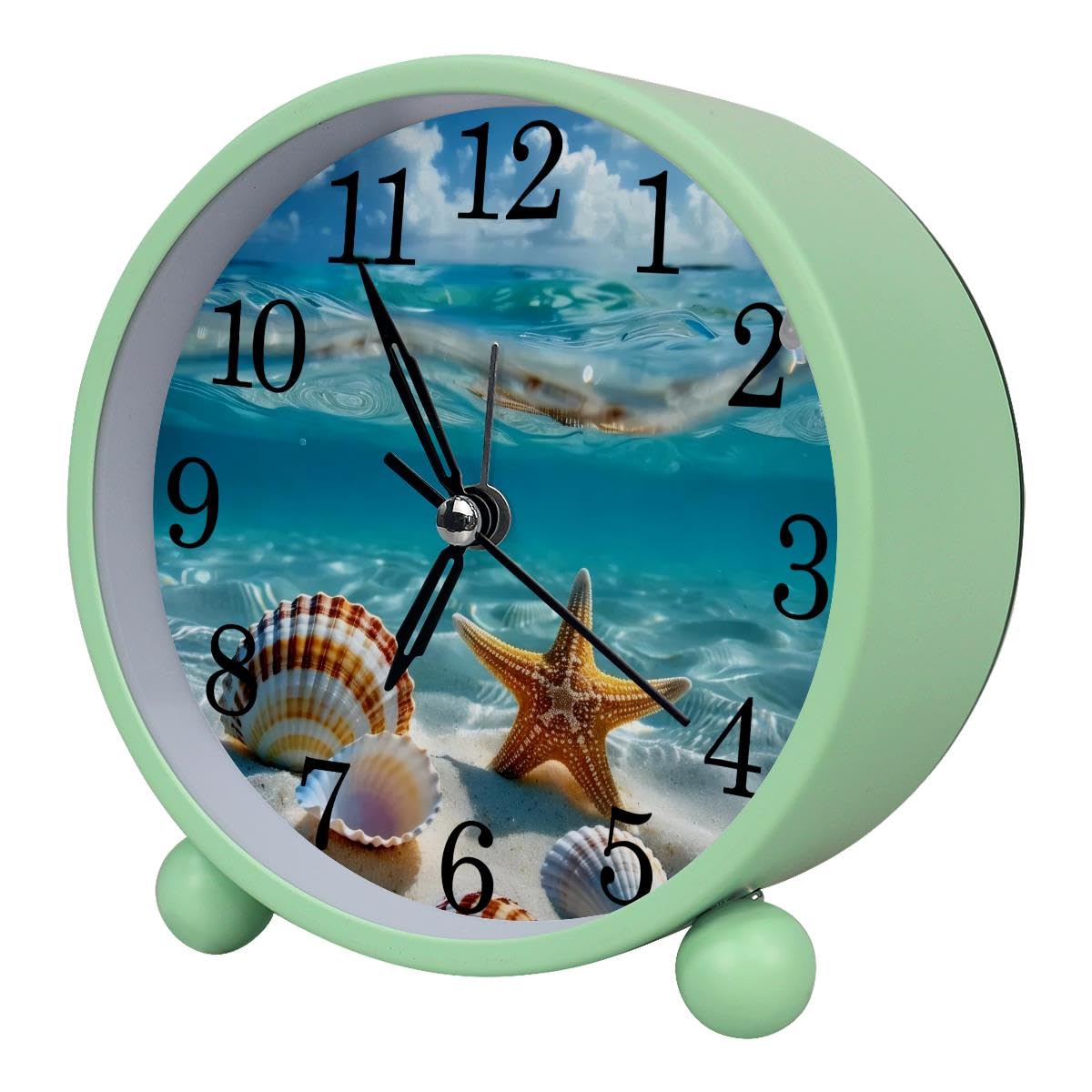 Luoweisi Alarm Clock Seashells Starfish Ocean, Silent Non-Ticking with Night Light, Round Metal Alarm Clock for Office, Battery Operated, Bedroom, Elderly, Adults, Children, Student Gifts