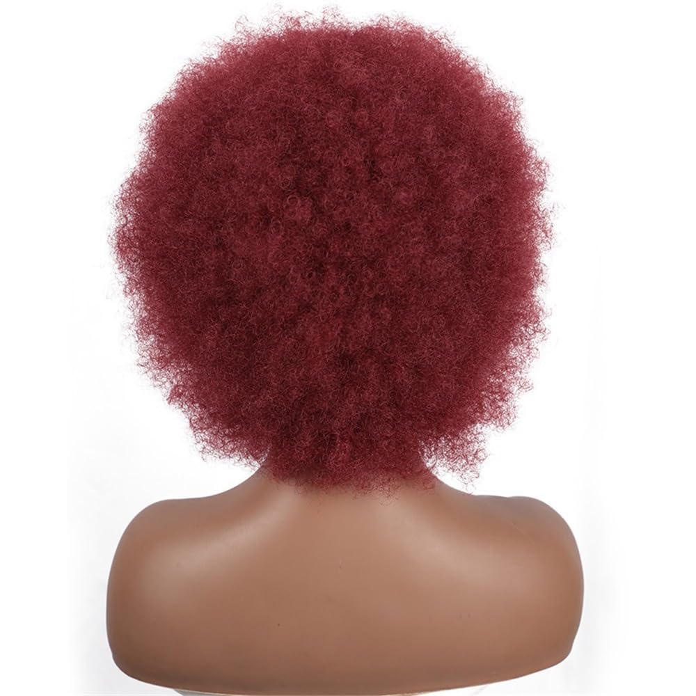 Peruka z ludzkich włosów afro z krótkimi kręconymi włosami, 6 cali, bez kleju, gotowa do noszenia, do cosplay w stylu lat 70. i codziennego użytku, bordowa peruka