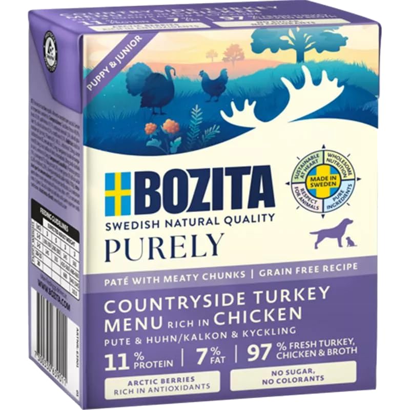 Bozita Purely 6 x 370g Pute & Huhn (Puppy & Junior) im Tetra | Getreidefreies Nassfutter für Hunde | Sehr Hoher Fleischanteil | mit Fleischstückchen | ohne Zucker & ohne künstliche Farbstoffe