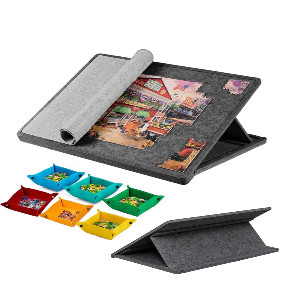 Ccarzzi Tilting Jigsaw Puzzle Board, Portable Felt Jigsaw Board with Cover and 6 Colored Sorting Trays, 3 Adjustable Angles, Lightweight Puzzle Mat for 1000 Pieces, Adult and Children (Dark gray)