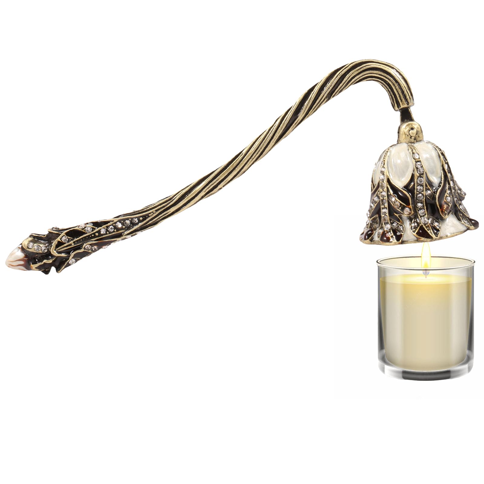 Wameitf White Candle Extinguishing Tool, Vintage Candle Extender Long Handle, Extinguish Candles Flames Efficiently, Aluminum Alloy Encrusted Artificial Rhinestones, Wick Flame Snuffer(White)