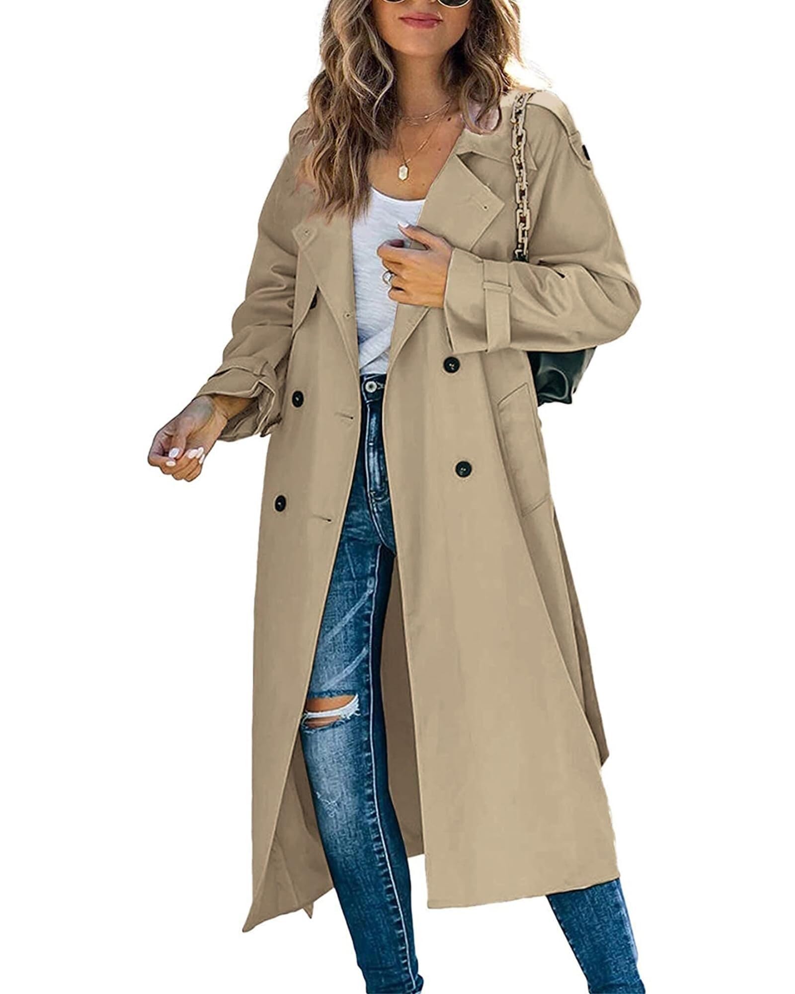 Lockenstab Women's Classic Long Trench Coat Double-Breasted Lapel Sleeve Windproof Overcoat With Belt(A-Khaki,Small)