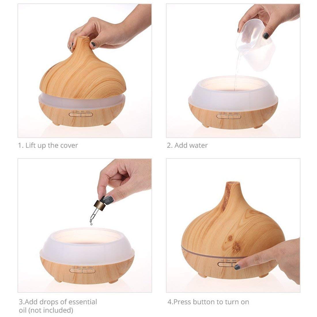 Aroma Essential Oil Diffuser, JoySusie 500ml Wood Grain Ultrasonic Cool Mist Whisper-Quiet Humidifier with Color LED Lights Changing & 4 Timer Settings, with Remote Control (Brown)
