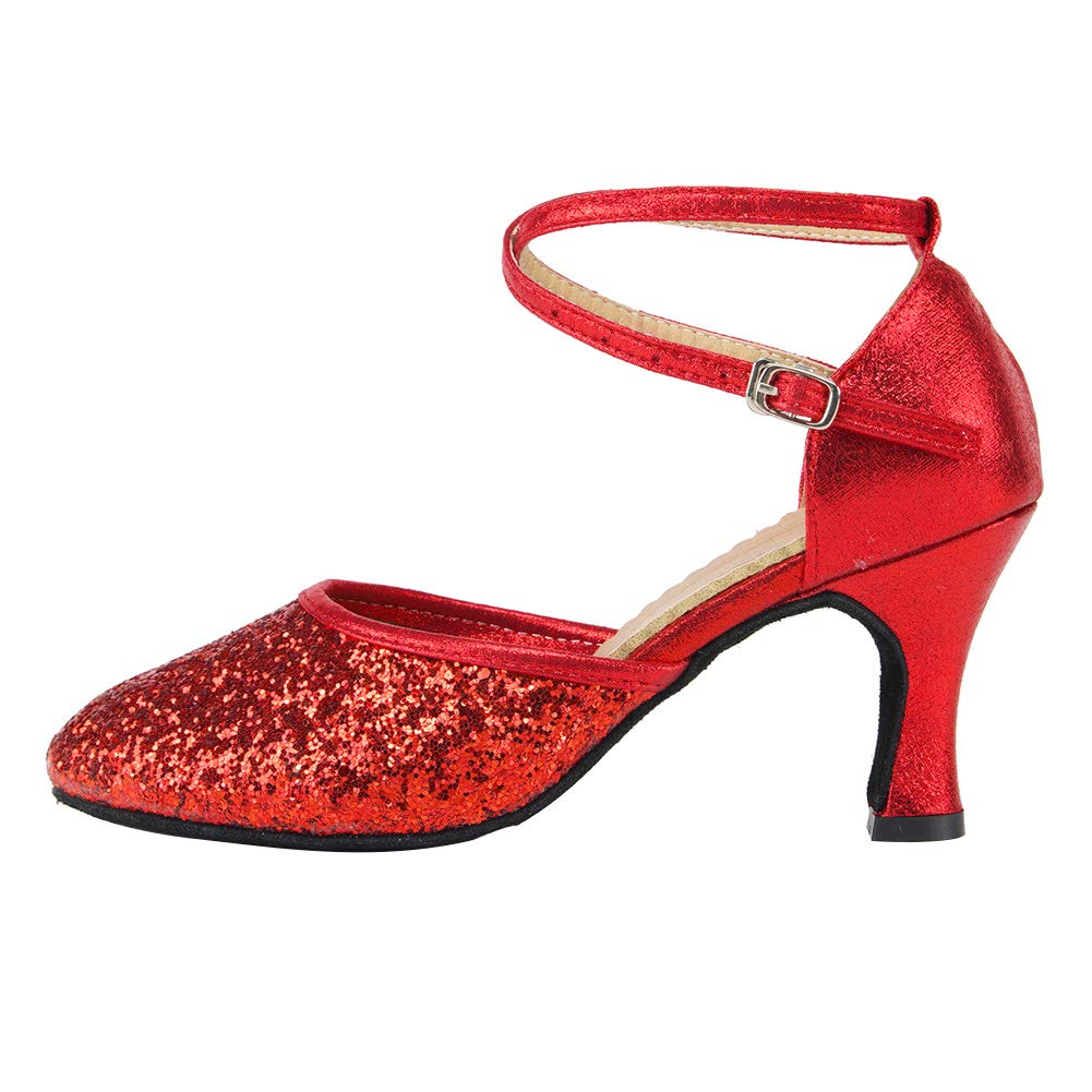 HIPPOSEUS Women's Closed Toe Latin Ballroom Dance Shoes Red Sequin Salsa Tango Scocial Practice Dancer Shoes 3 inch Heel,Model 225,5.5 B(M) US