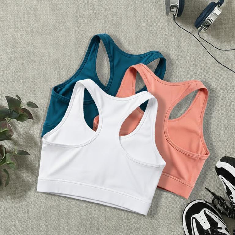 Image of BOLD & BEAUTY Women Cotton Blend Sports Bra with U-Neck, Racerback Style and Regular Straps for Workout, Yoga & Training (Pack of 3)