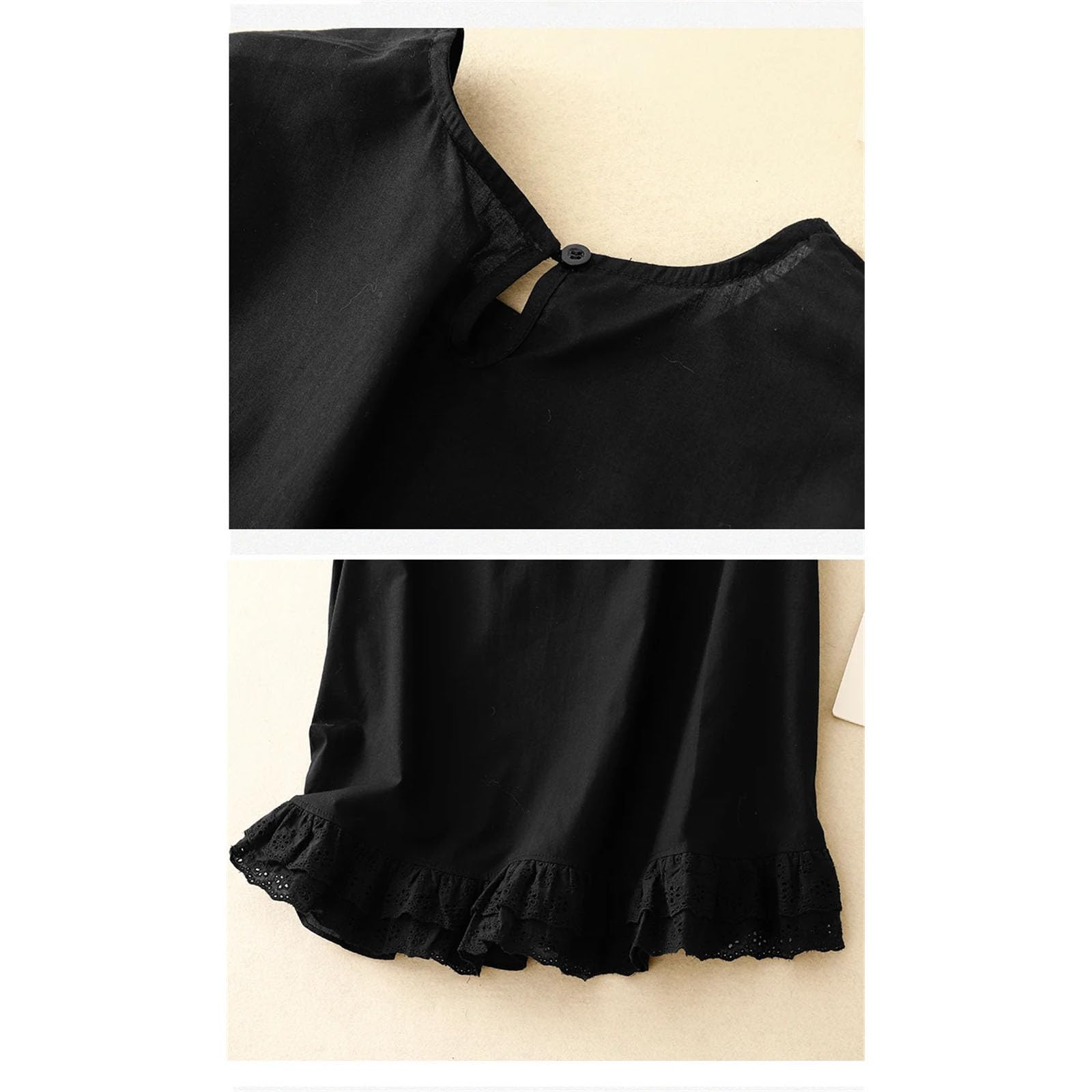 playera sin mangas de algodón y lino para mujer, con dobladillo con volantes, básica, sin mangas, fina y blanca, color negro