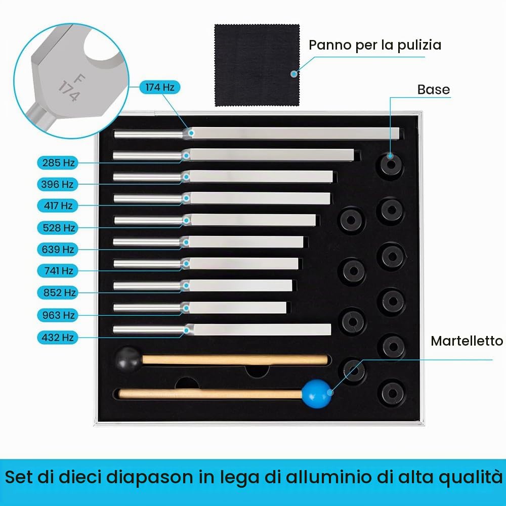 Diapason Neurologico,Set di 10 pezzi con base + 2 martelli in silicone e panno per la pulizia, diapason ideale per la guarigione dei chakra, la guarigione del suono e l'antistress.