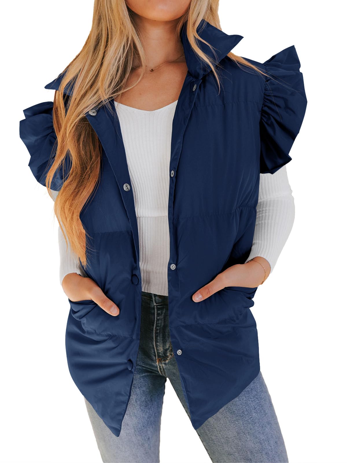 Valphsio Womens Puffer Vest Fall Winter Ruffle Sleeve Gilet Outerwear Coat