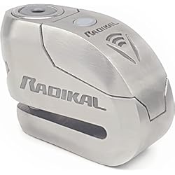 Alarma Moto Pilas RADIKAL RK14S Candado Antirrobo Moto Disco Alarma 120 dB + Avisador Led, Alta Seguridad Homologado CLASSE SRA, Eje 14mm Doble Cierre, Inox, Made in EU, Acero Inoxidable