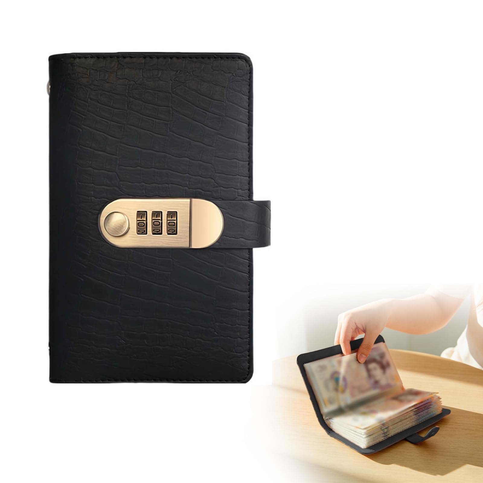 100 Cash Saving Binder, Money Saving Wallet, 100 Envelopes Saving Challenge UK, Includes Saving Notebook & Binder, with A6 Size Loose-Leaf Binder, for Cash Coins Receipts Small Items (B-Black)