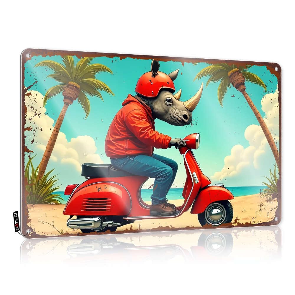 Fzfn Colour Faded Art, Vintage Outdoor Decor Reusable Rhinoceros Riding A Red Scooter On A Tropical Beach. | Farmhouse Shed Decor(30X40cm)
