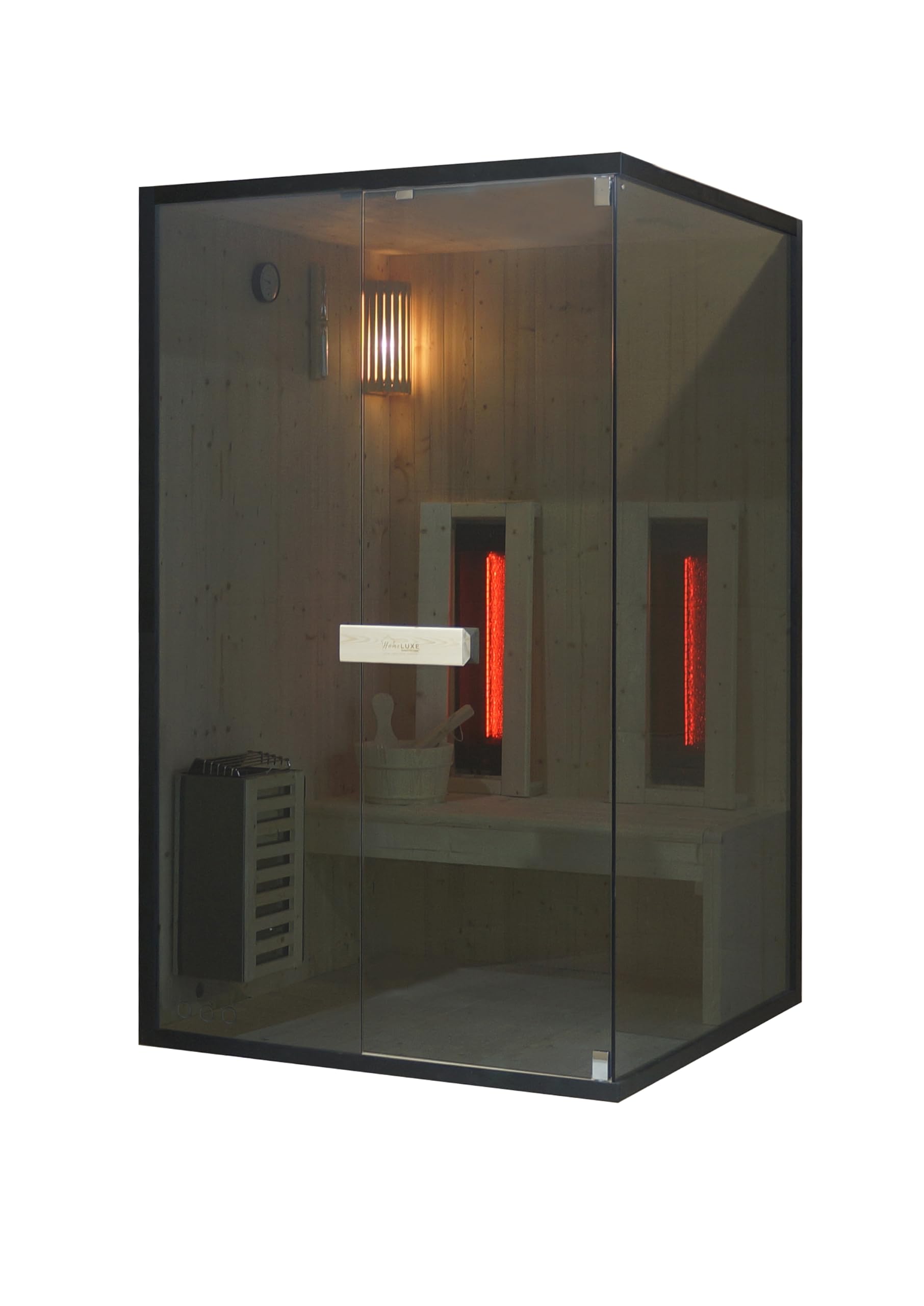 SANOTECHNIK Glacier M - Sauna e cabina a infrarossi per 2 persone, combinazione sauna a infrarossi in legno di abete rosso con forno elettrico da 3,6 kW, 2 faretti a luce rossa da 400 W, vetro di