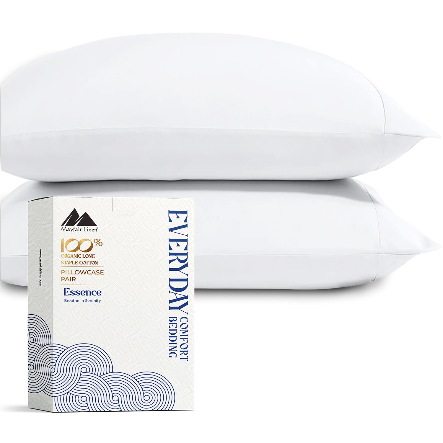 Mayfair Linen100% Organic Cotton King Size Pillow Cases Set of 2 - Ultra Soft Hotel Quality King Pillow Covers, Authentic GOTS Certified, Crisp, Cooling Percale Weave Cotton Pillowcases - White